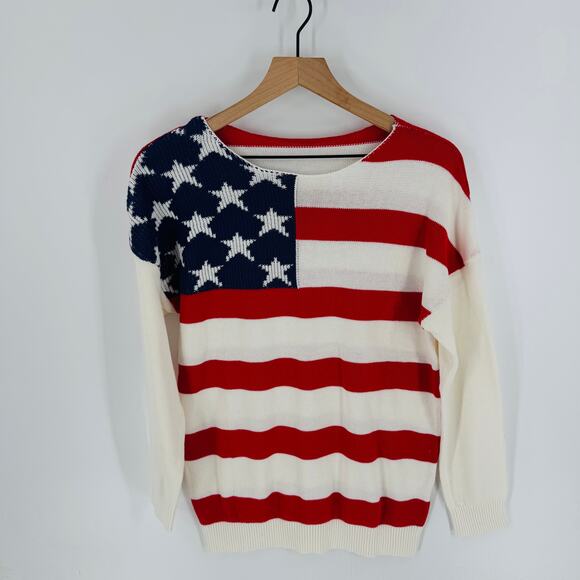 American Flag Sweater Small 100% Cotton USA Patriotic Stars Stripes Pullover - Picture 6 of 6